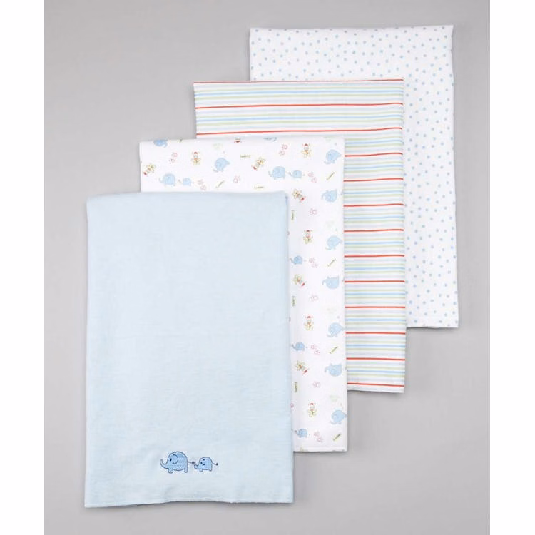 Cotton Flannel Receiving Blankets - Blue Patterns & Animals 4 Pack
