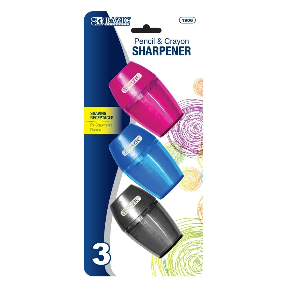 Pencil Sharpener - 3 Count Shavings Receptacle Assorted Colors 1