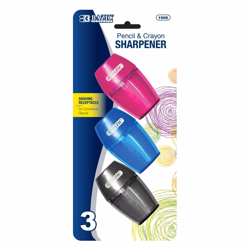 Pencil Sharpener - 3 Count Shavings Receptacle Assorted Colors