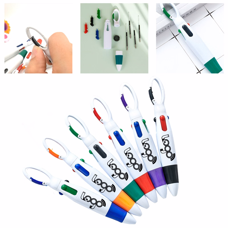 Multifunctional 4-in-1 Ballpoint Pen with Carabiner Clip