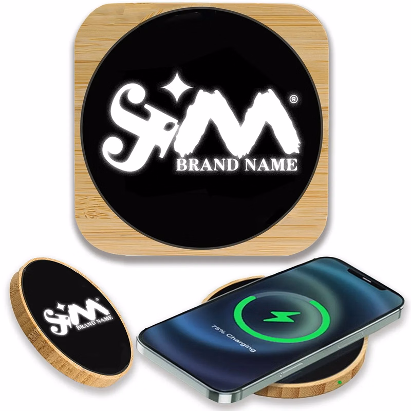 15W Light Up Logo Bamboo Portable Fast Wireless Charger