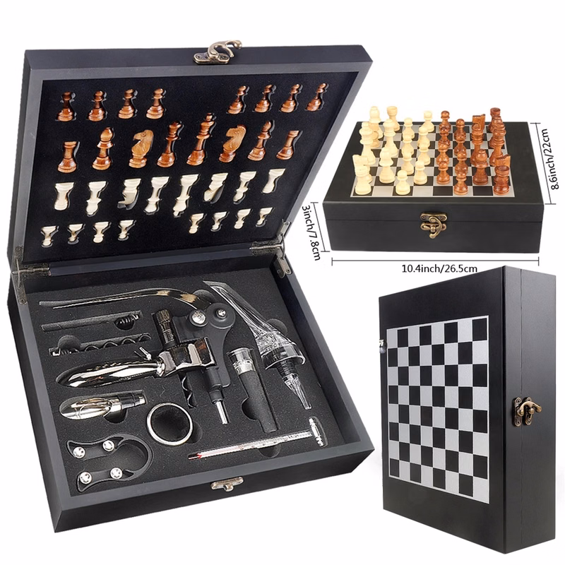 Custom Wooden Box Wine Accessories With Chess Set