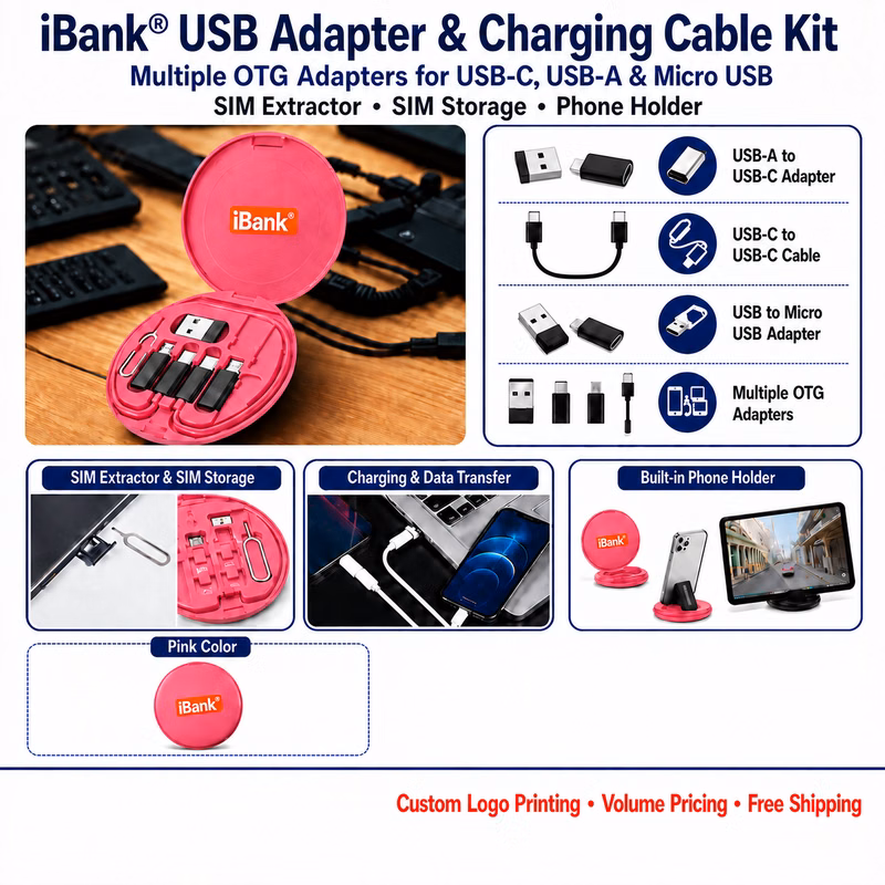 iBank ® USB Adapter Kit with Universal Multi Charging Cables Holder Stand Storage Case