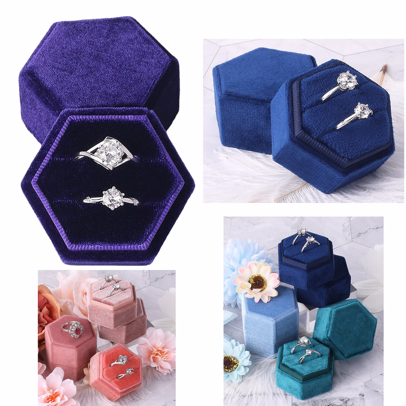 Matte Hexagon Double Gorgeous Antique Velvet Geometric Ring Boxes