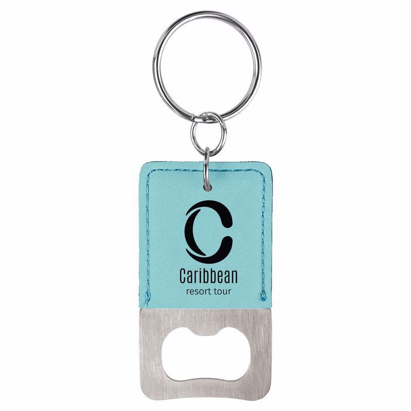 Teal Rectangle Leatherette Bottle Opener Keychain