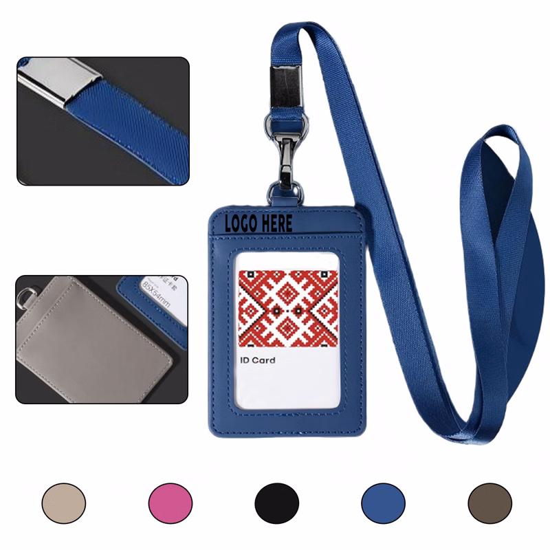Office Staff PU Leather Badge Case with Lanyard Strap