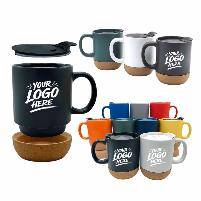 12oz Ceramic Mug Cork Base Lid Heat Resistant