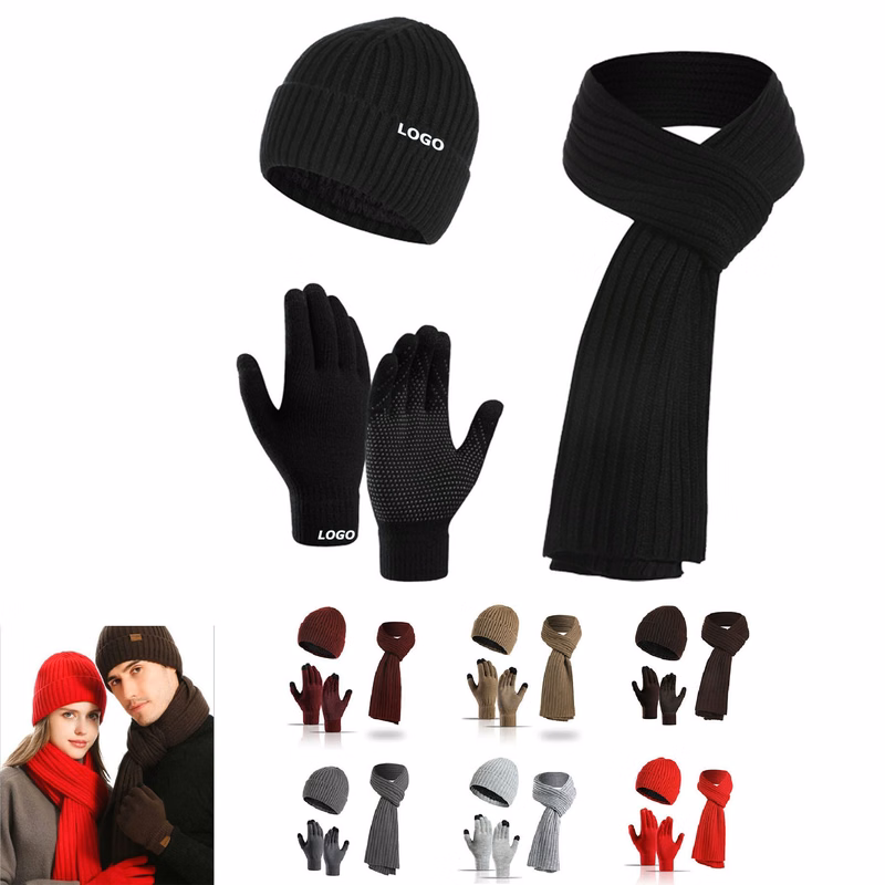 Winter Knit Hat Beanie Long Neck Scarf Touchscreen Gloves Set
