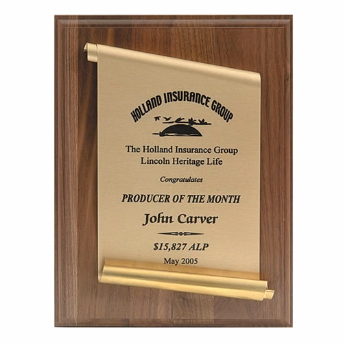 Walnut Plaque With Brass Scroll