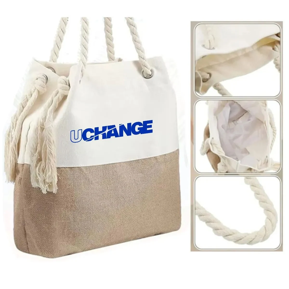 Canvas Jute Beach Grocery Tote Bag With Rope Handles, custom tote bag with logo imprint 1