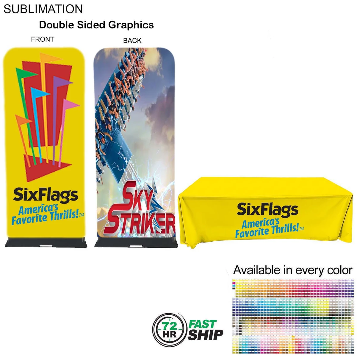72Hr Fast Ship - Event package, 3'W Fabric banner and Premium 6' tablecloth closed back 1