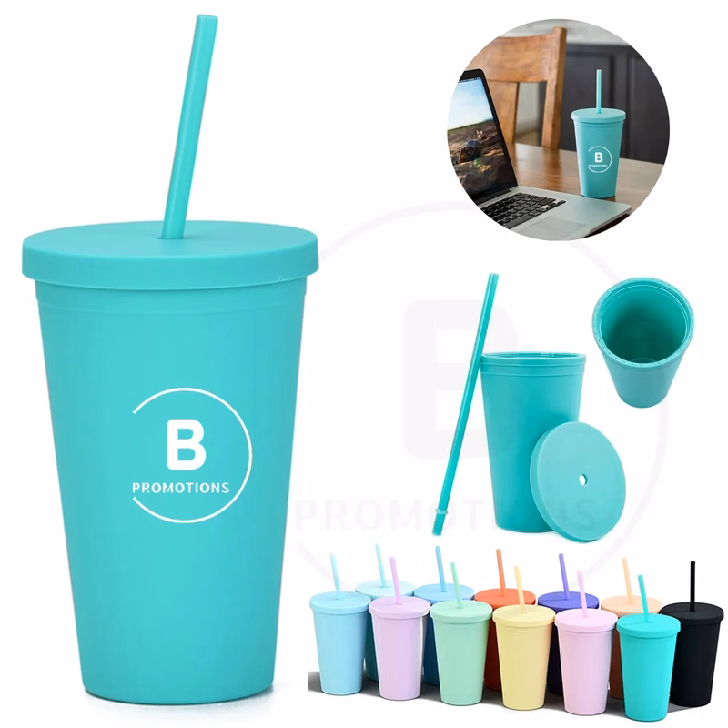 16oz Colored Matte Double Wall Acrylic Cups with Lids Straws