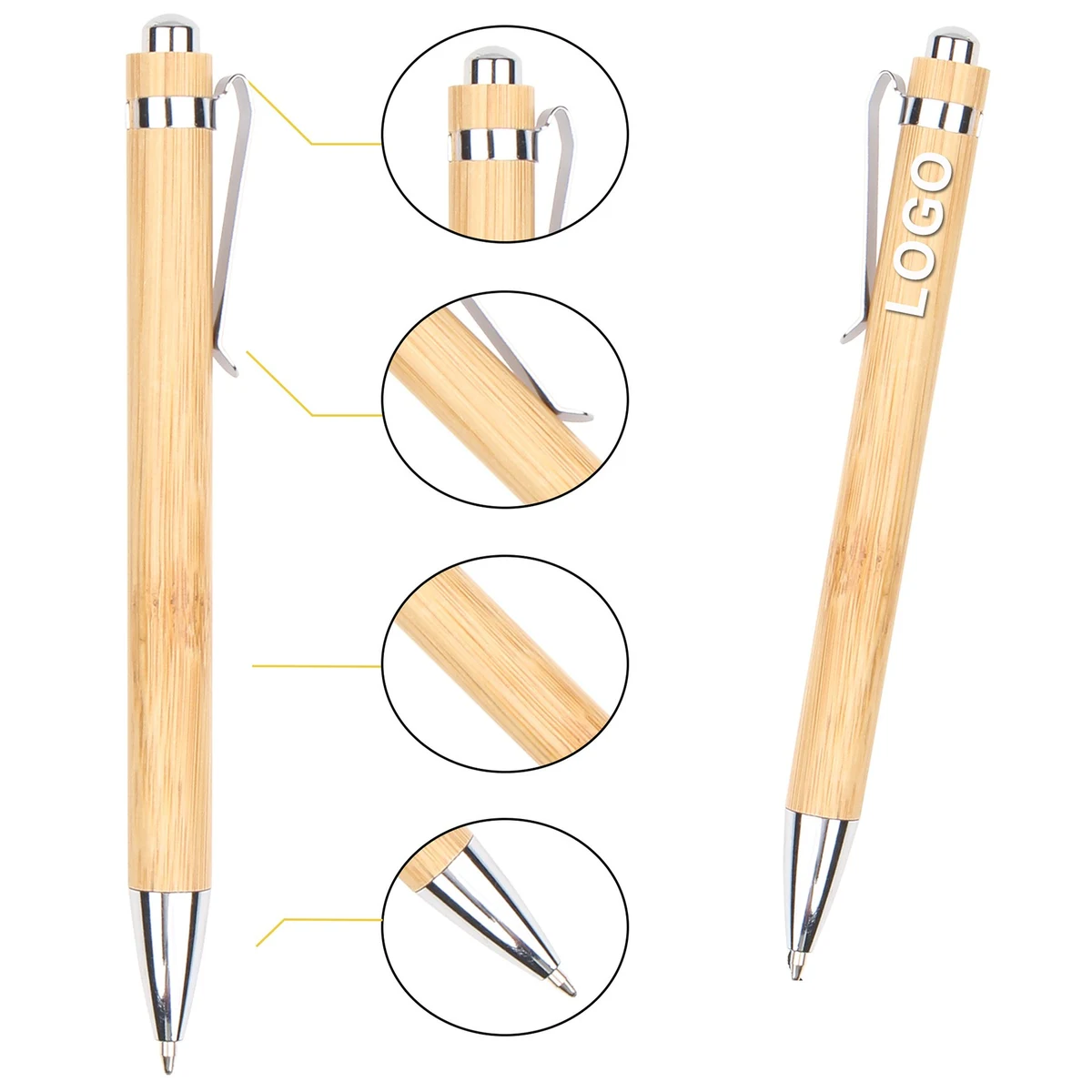 Ballpoint Pen With Metal Hook Made Of Bamboo And Wood 1
