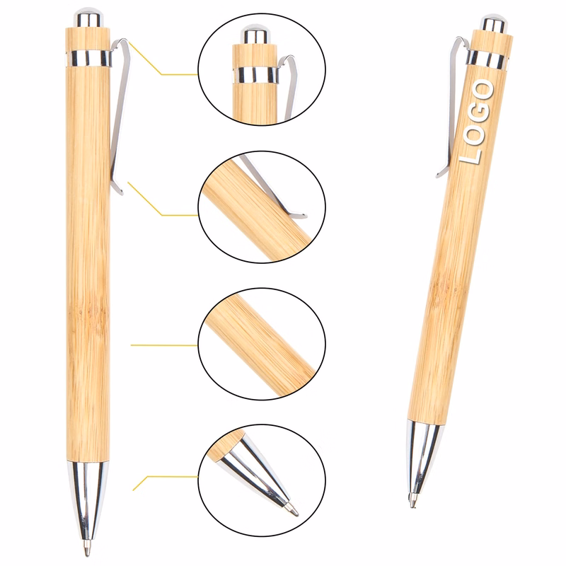 Ballpoint Pen With Metal Hook Made Of Bamboo And Wood
