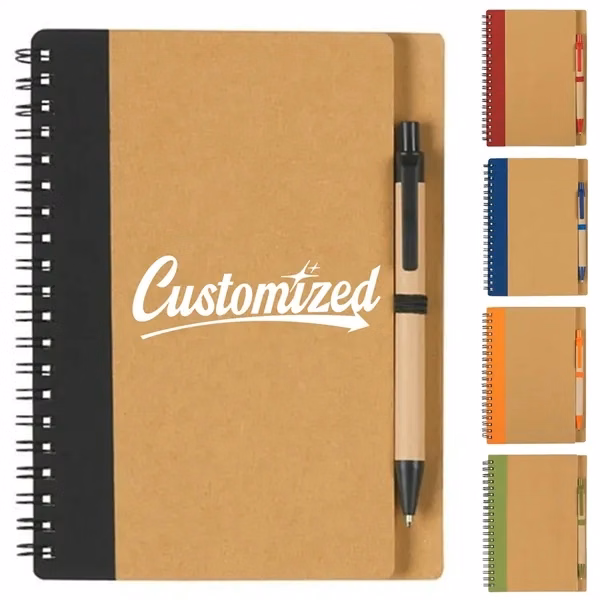 Custom Recycled Paper Spiral Notebook and Pen Set — Eco-Friendly Corporate Giveaway