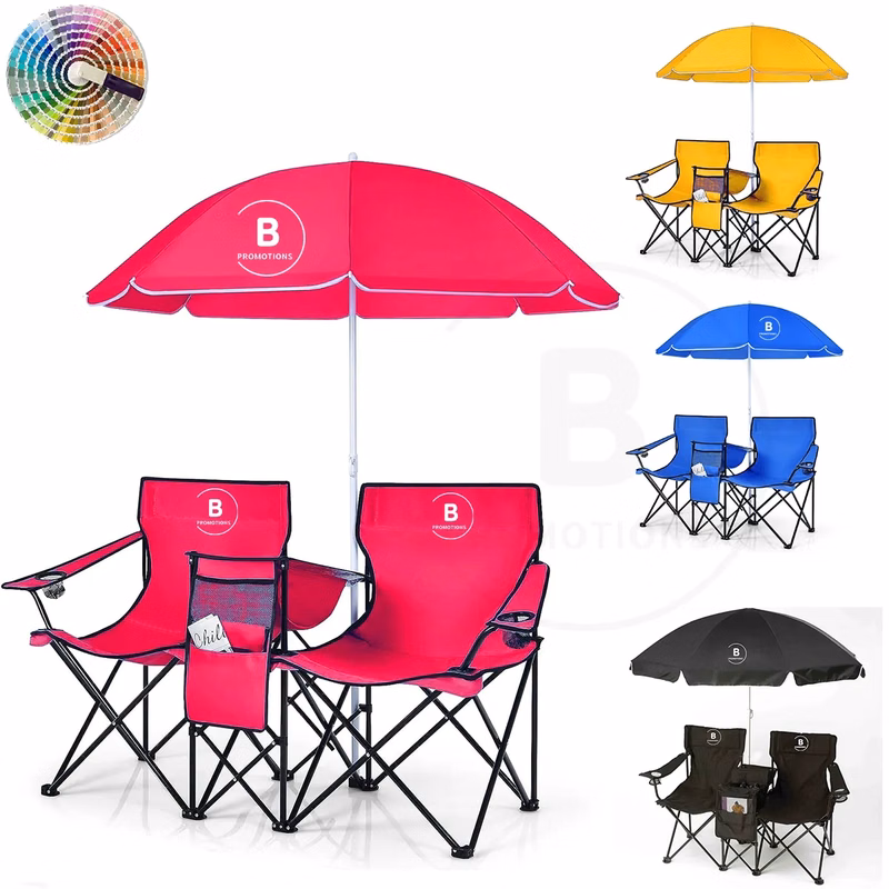Folding Camping Chairs w/Removable Umbrella and Cooler Bag