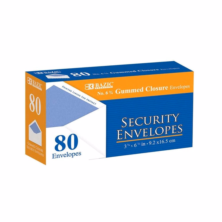Gummed Closure Security Envelopes - 80 Box #6-3/4