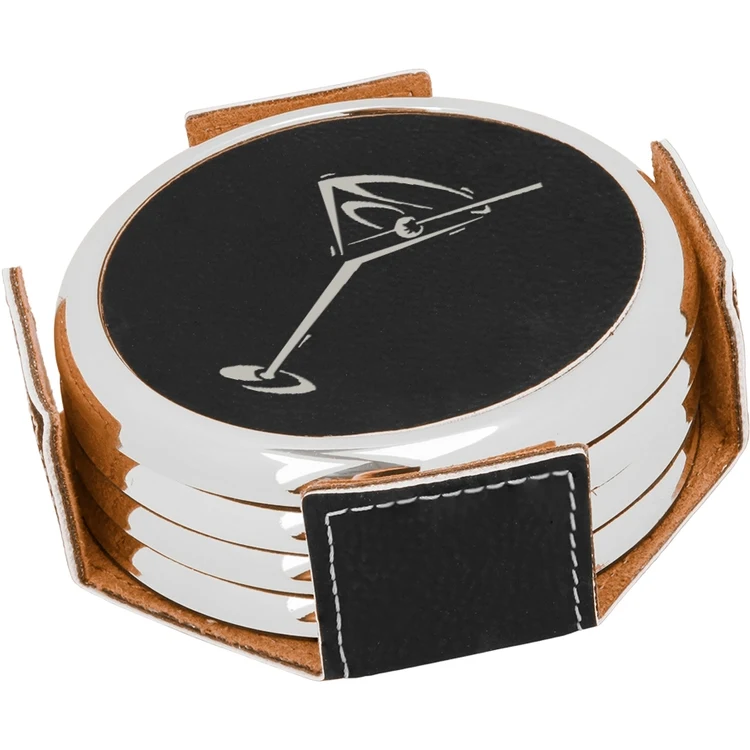 Black Leatherette Round Coaster Set of Four 1