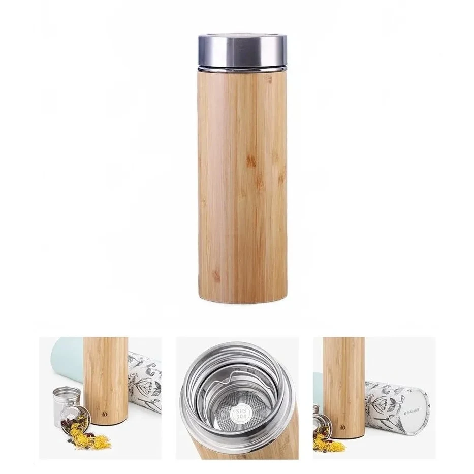 Bamboo Tea Infuser Bottle with Stainless Steel Strainer, custom water bottle with logo imprint 1