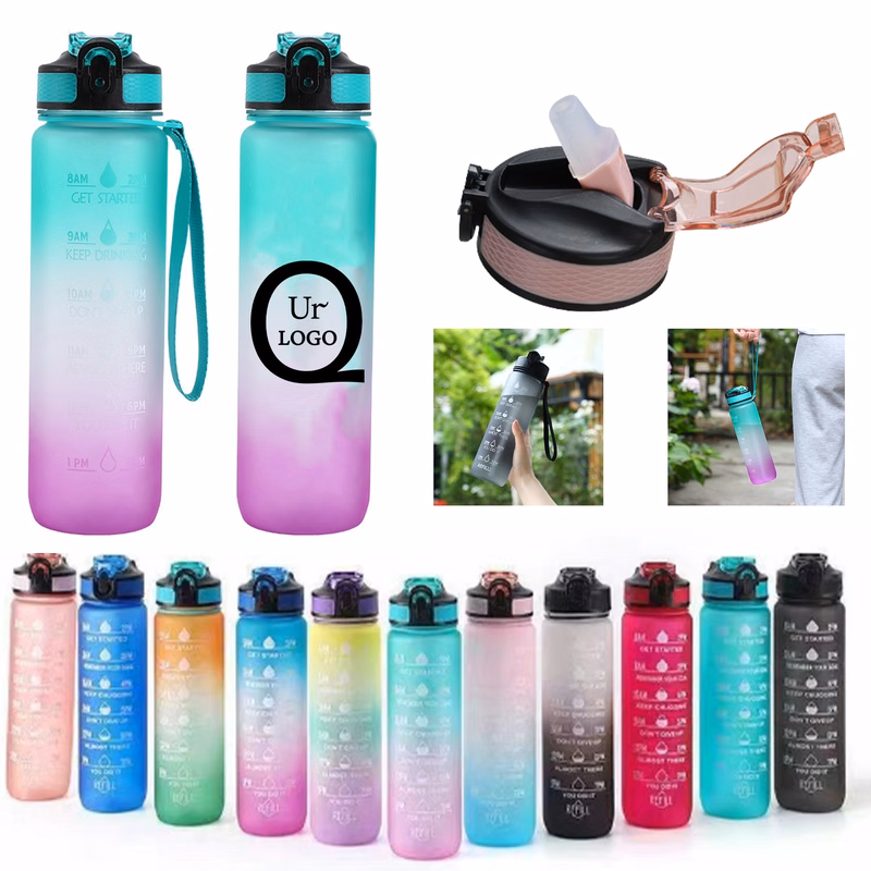 33.8Oz Plastic Time Mark Water Bottle W/ Lanyard