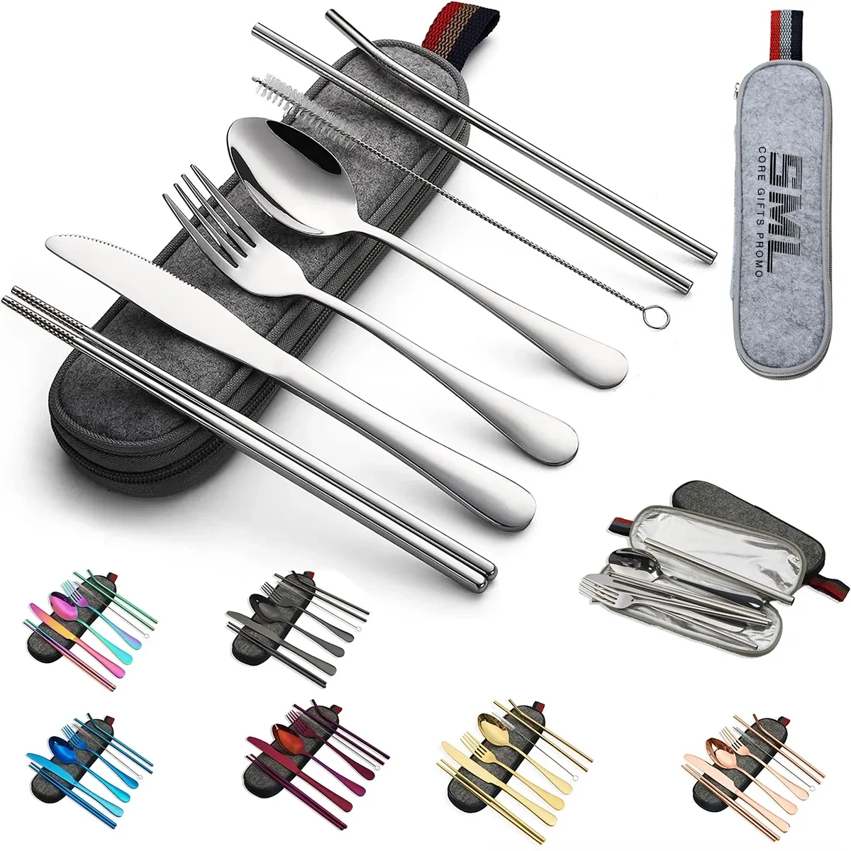Portable 7 pcs Stainless Steel Cutlery Set w/Felt Bag 1