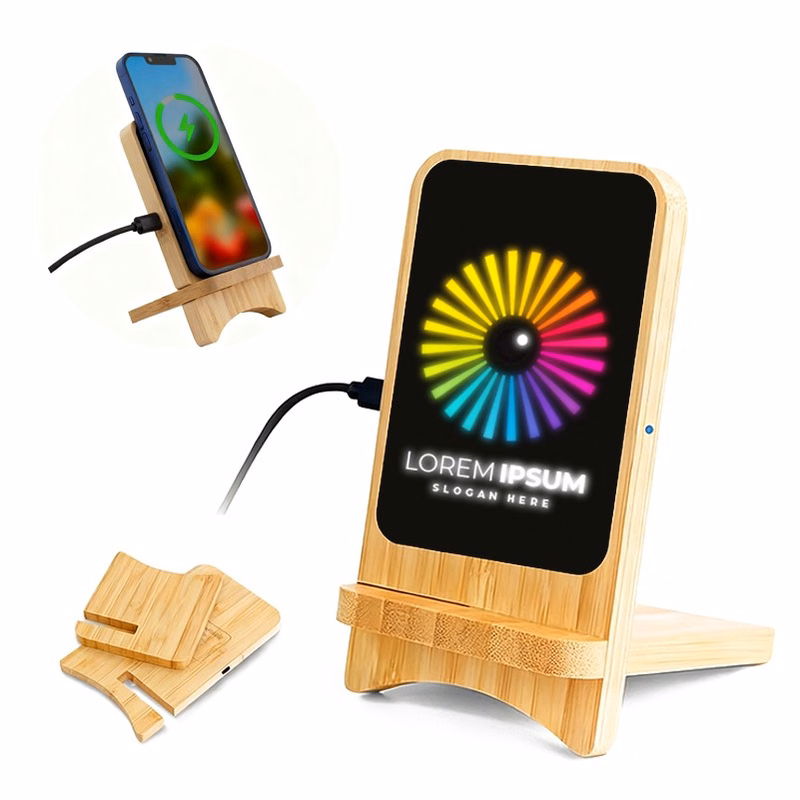 15W Bamboo Wireless Charger Stand with LED Light-Up Logo