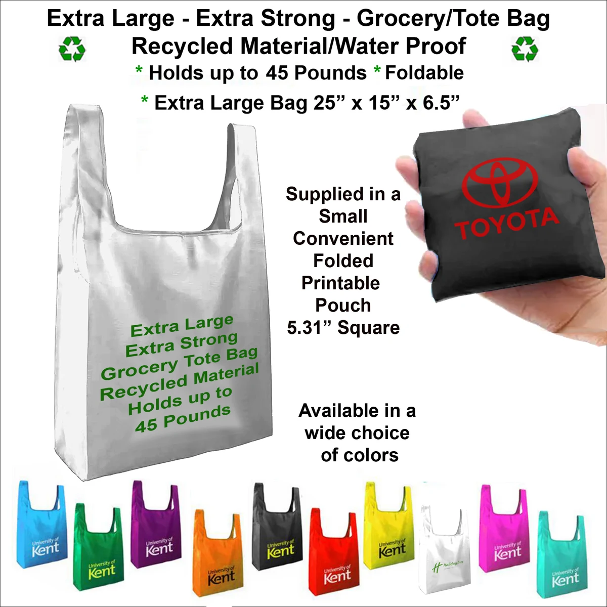 Extra Large, Extra Strong Grocery/Tote Bag - Holds up to 45 Pounds, Recycled Material - Water Proof 1