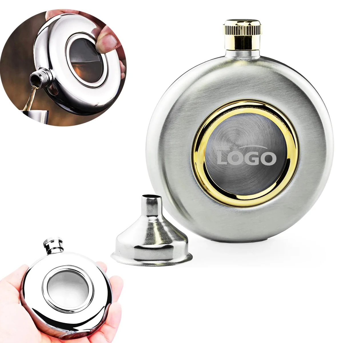 5 Oz Round Stainless Steel Flask With Glass 1
