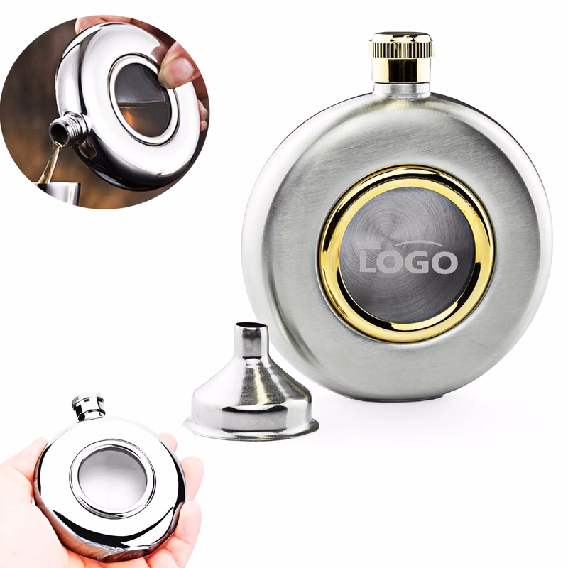 5 Oz Round Stainless Steel Flask With Glass