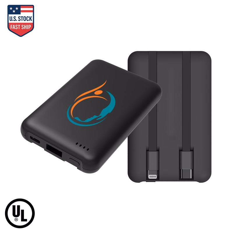 UL Certified 5000mAh Power Bank with Built-In Type C and Lightning Cables