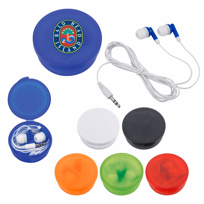 Earbuds In Round Plastic Case