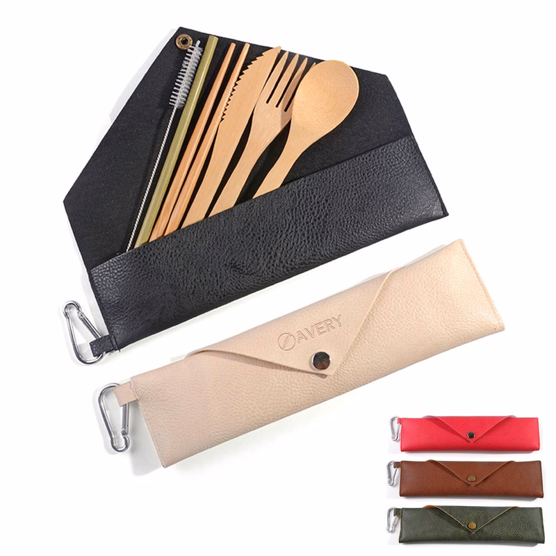 Travel Reusable Bamboo Cutlery Set With A Leather Pouch