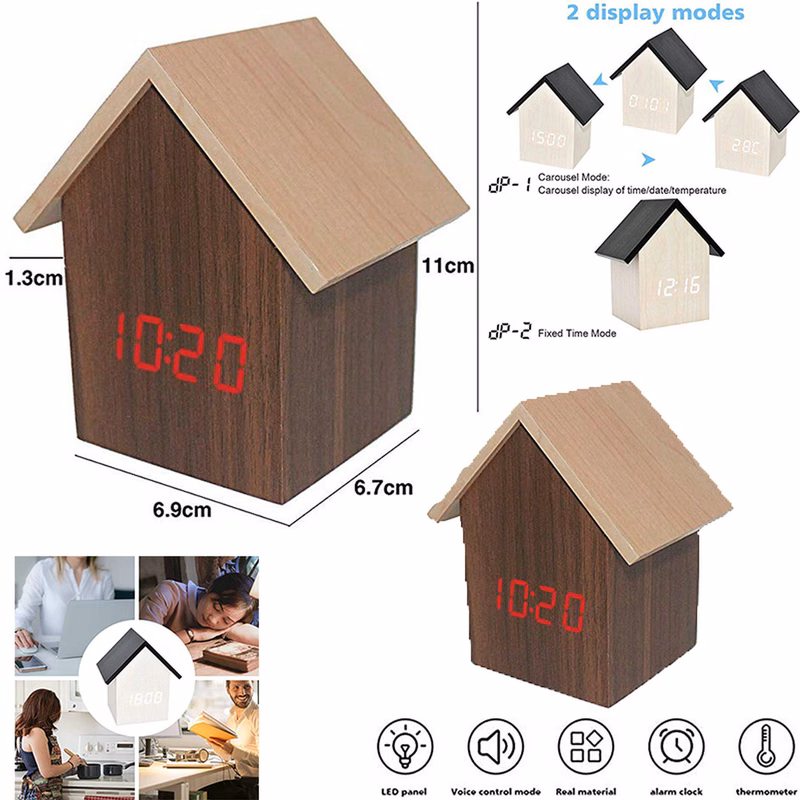 Wooden House Shape Digital Alarm Clock