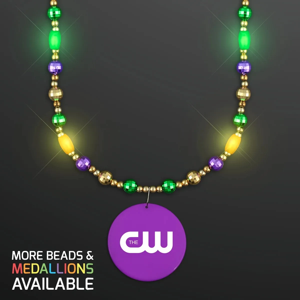 Glam Mardi Gras Beads LED Necklace with Purple Medallion 1