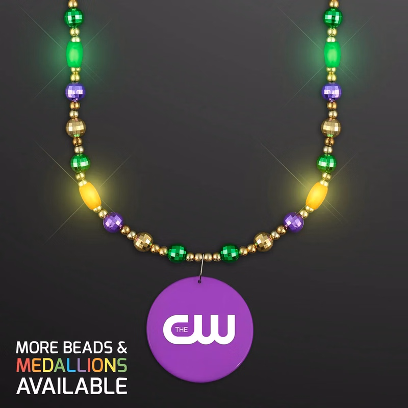 Glam Mardi Gras Beads LED Necklace with Purple Medallion