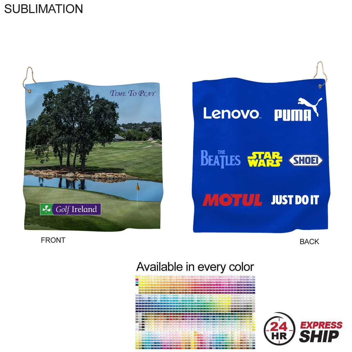 24Hr Express Ship -Microfiber Suede Shammy Golf Towel, Nofold, Finish size 15x15, Sublimated 2 sides 1