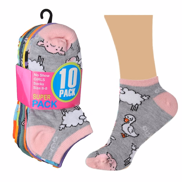 Girls' Ankle Socks - 10 Pack Wild Animal Designs Size 6-8