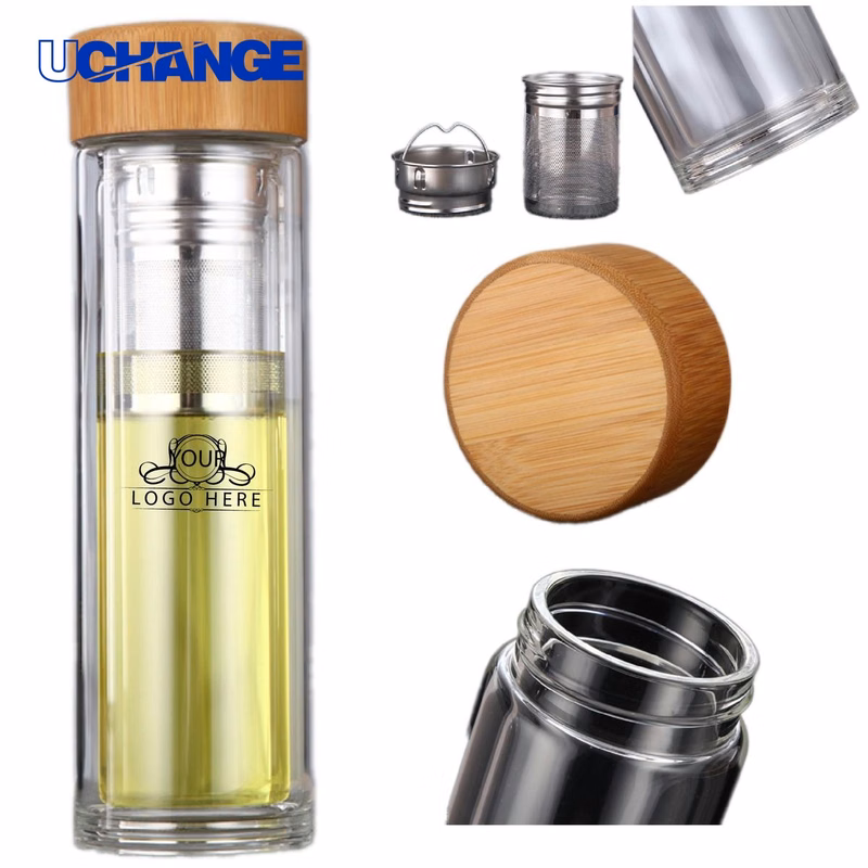 Bamboo Lid Insulated Double Wall Glass Bottle (13.5oz)