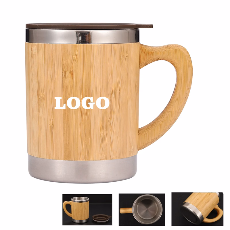 10OZ Stainless Steel & Bamboo Travel Mug with Handle & Lid