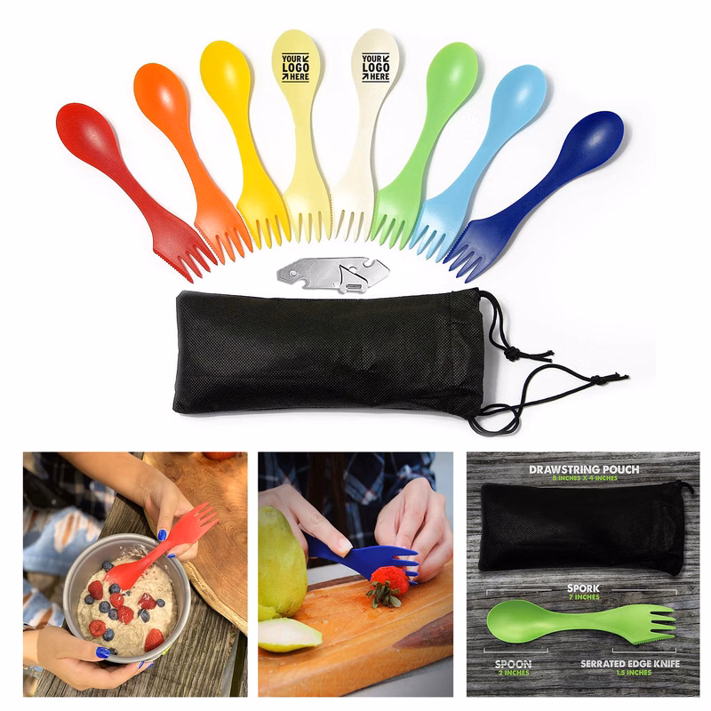 Camping Set 8 Colorful Durable BPA Free Spork Spoon Fork Knife Combo Utensils Flatware Mess Kit