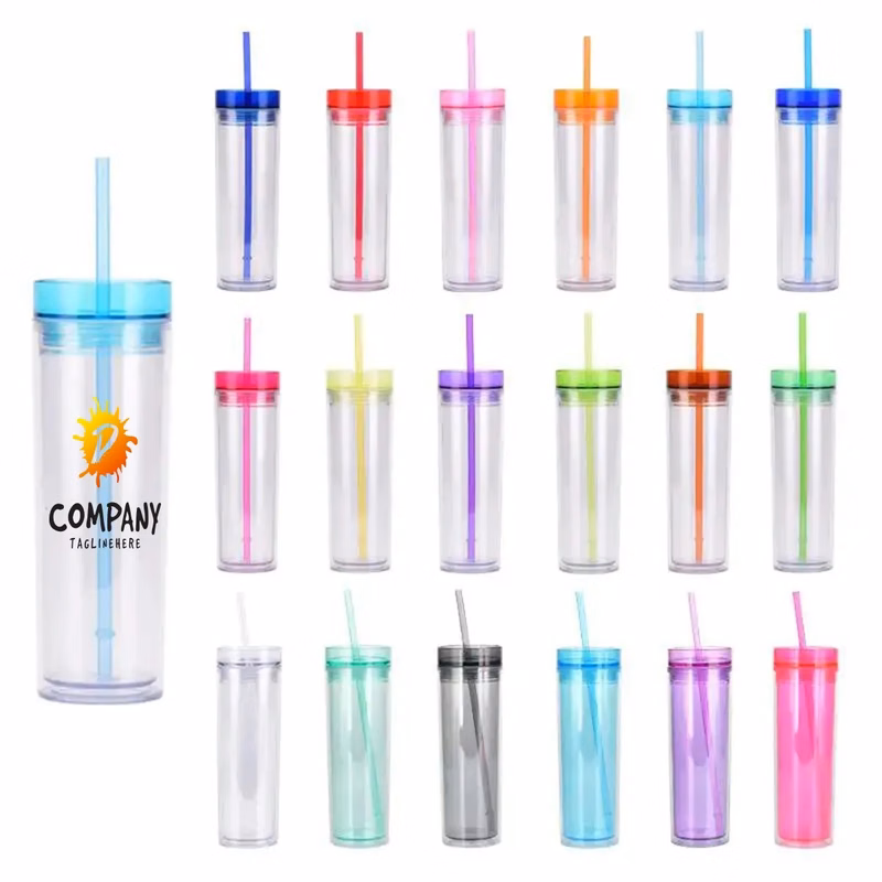 Clear Bottle Double-Wall Cup with Colorful Lid and Straw