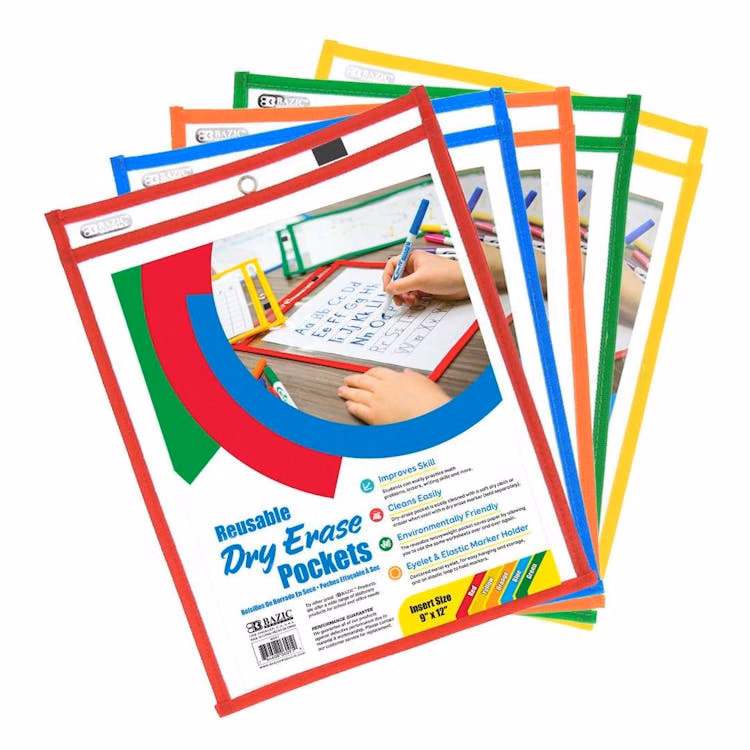 Reusable Dry Erase Pockets with Marker Holder - Assorted Colors