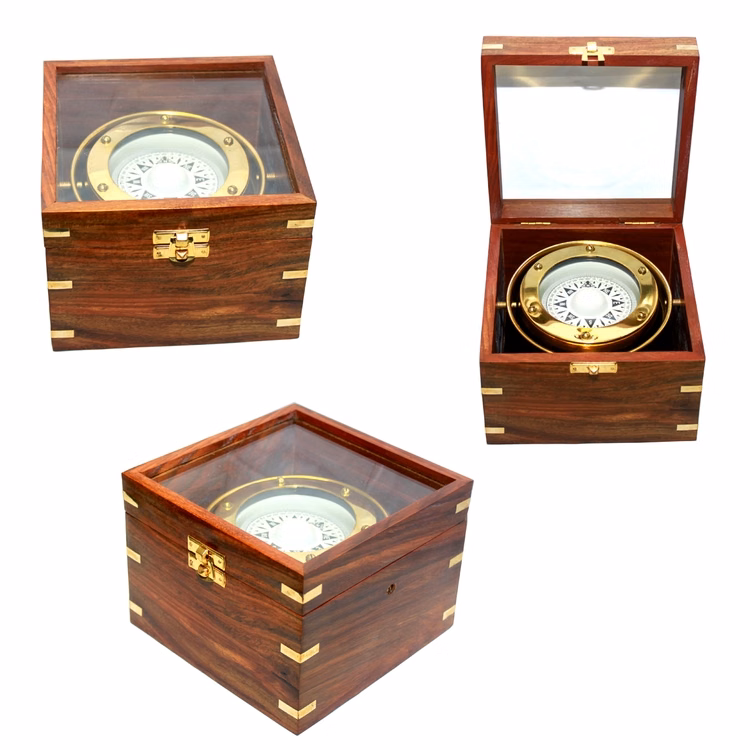 Jumbo Vintage Gimble Brass Compass in Teak Wood Box