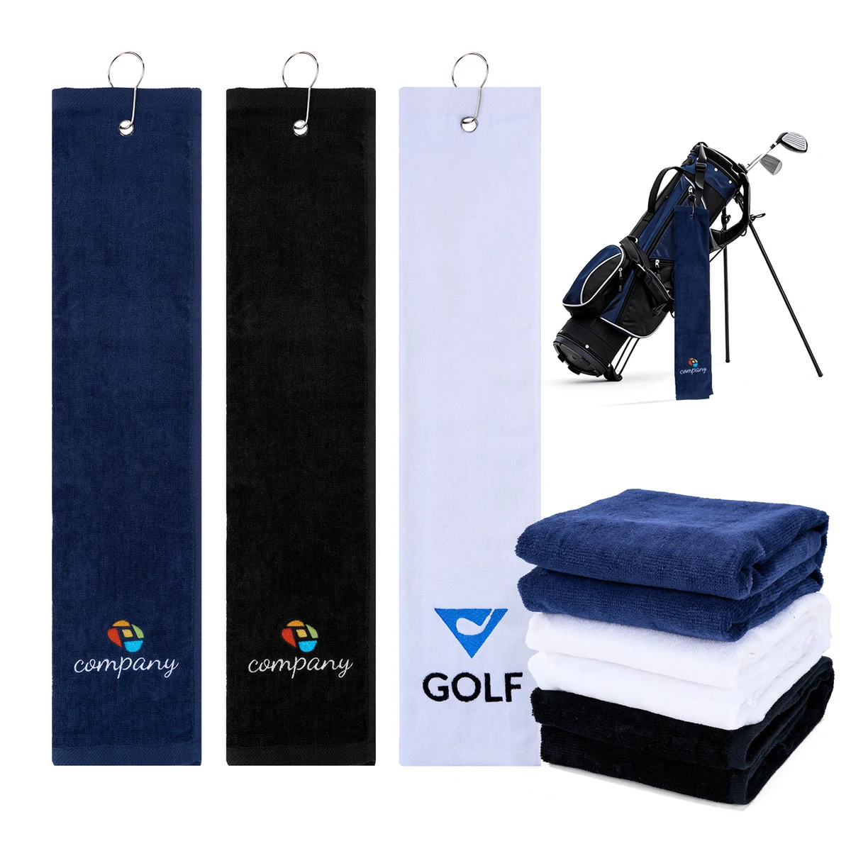 450GSM Cotton Tri-Fold Velour Golf Towel With Carabiner 1