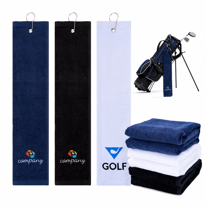 450GSM Cotton Tri-Fold Velour Golf Towel With Carabiner