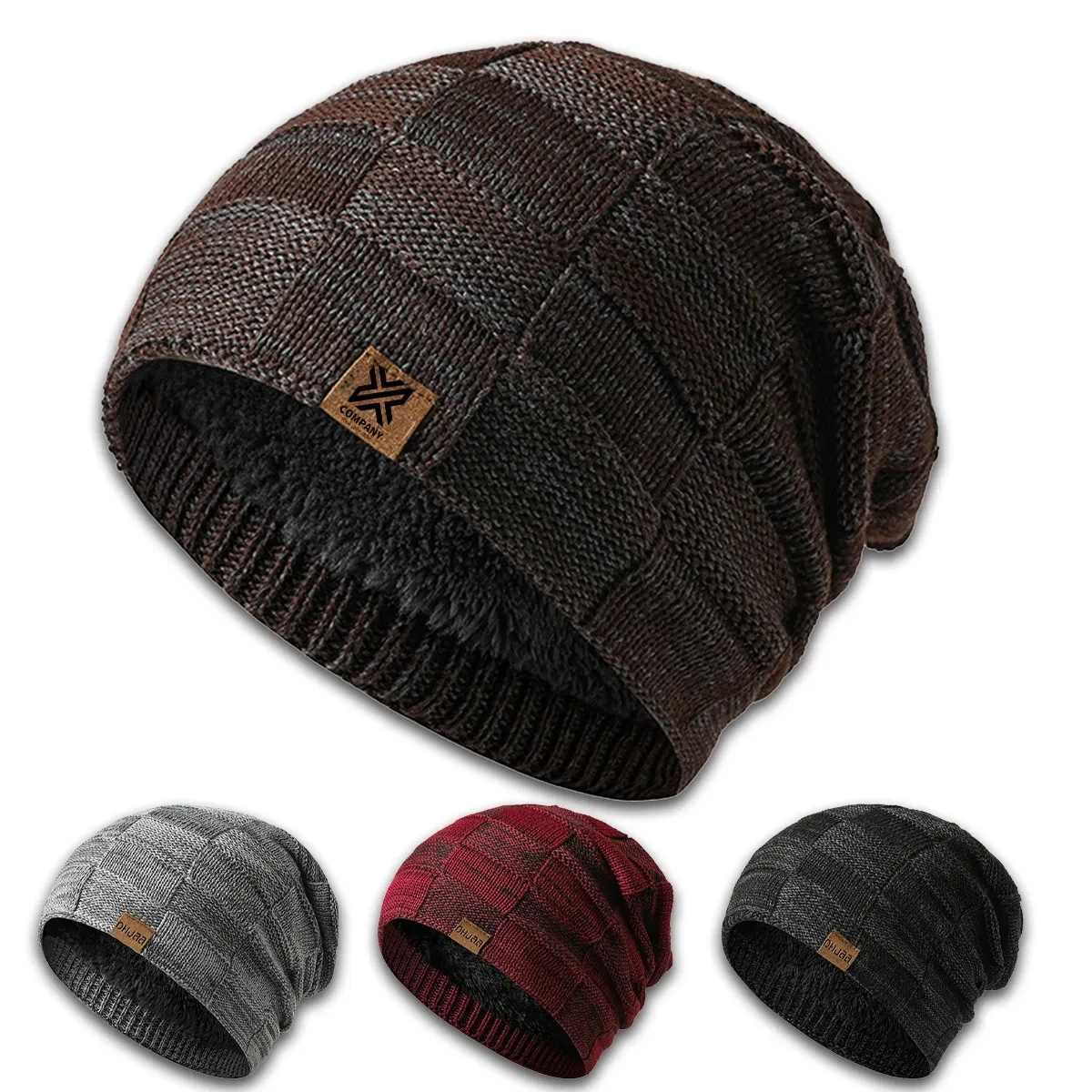 Slouchy Beanie Lined Knit Warm Thick Skully Hat for Men 1
