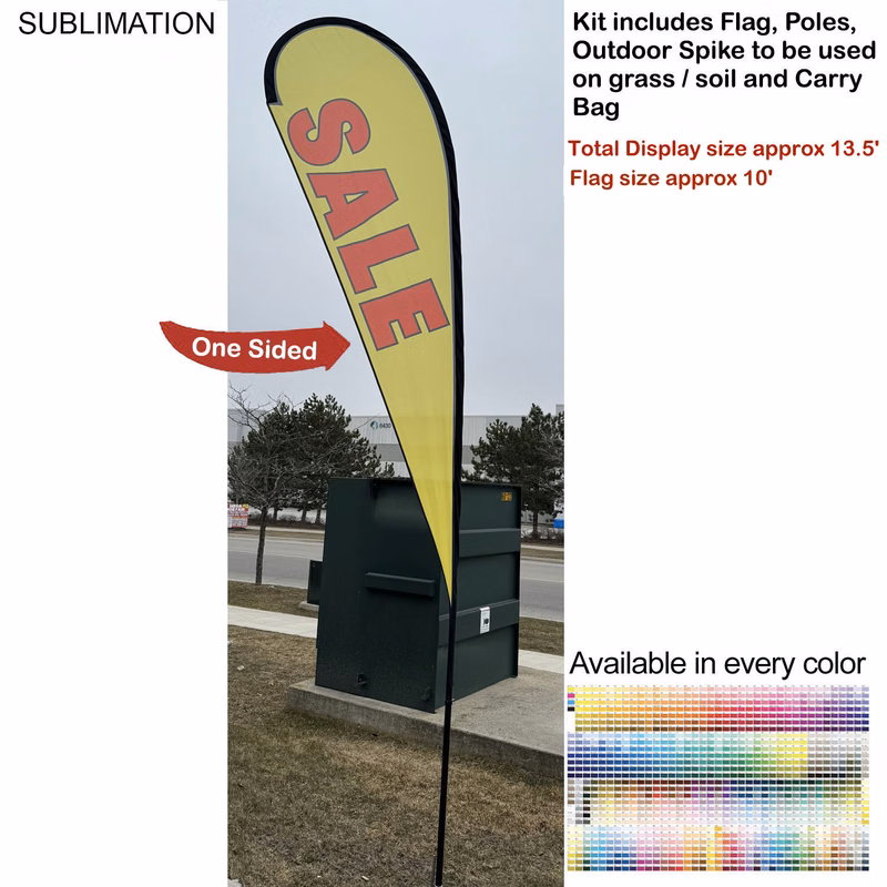 13.5' Large Tear Drop Flag Kit, Full Color Graphics One Side, Outdoor Spike base and Bag Included
