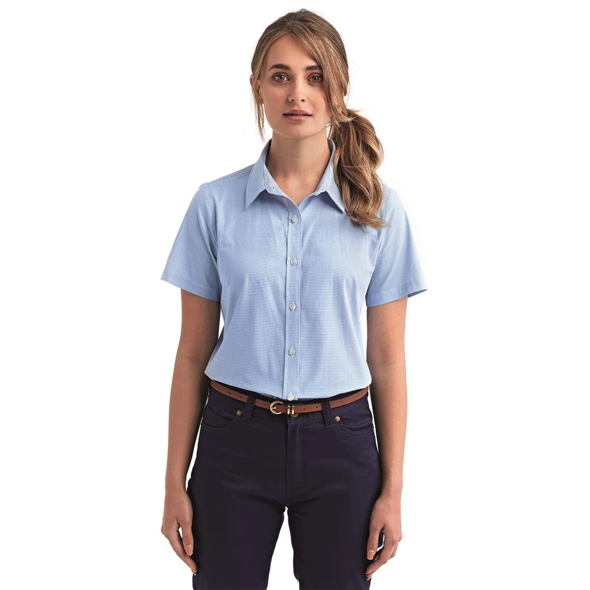 Women's Microcheck Gingham Short Sleeve Cotton Dress Shirt - RP321 1
