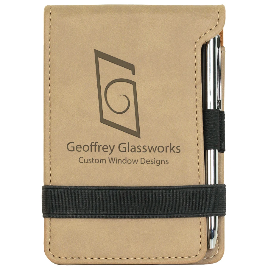 3 1/4" x 4 3/4" Light Brown Leatherette Mini Notepad with Pen 1