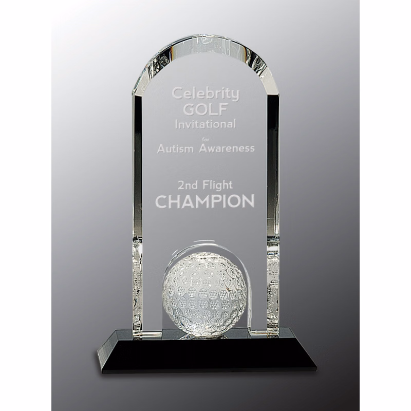 9" Clear Crystal Dome with Inset Golf Ball on Black Pedestal Base Award